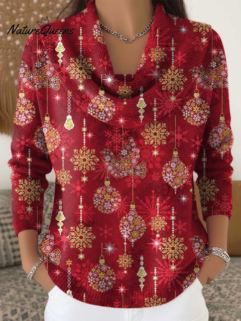 Women's Christmas Snowflake Pattern Art Print Cowl Neck Sweater