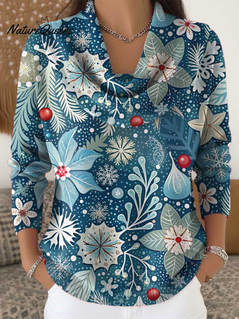 Women's Christmas Floral Pattern Art Print Cowl Neck Sweater