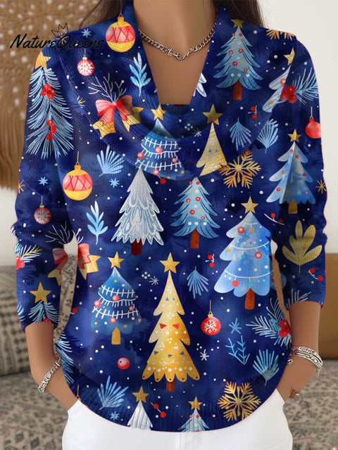 Women's Christmas Tree Pattern Art Print Cowl Neck Sweater