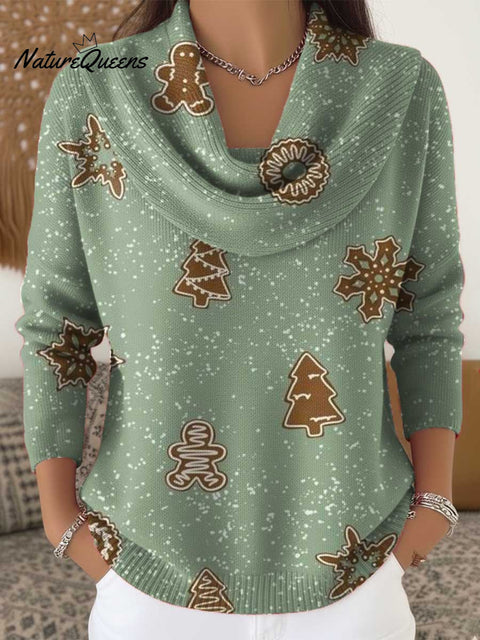 Women's Christmas Pattern Art Print Cowl Neck Sweater