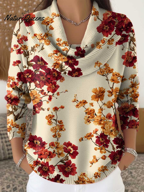 Women's Floral Pattern Art Print Cowl Neck Sweater