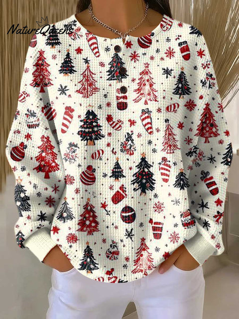 Women's Christmas Tree Art Print Casual Cotton Shirt