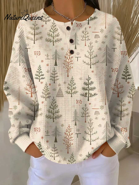 Women's Christmas Tree Art Print Casual Cotton Shirt