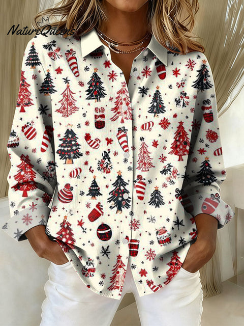 Women's Christmas Tree Art Print Casual Cotton Shirt