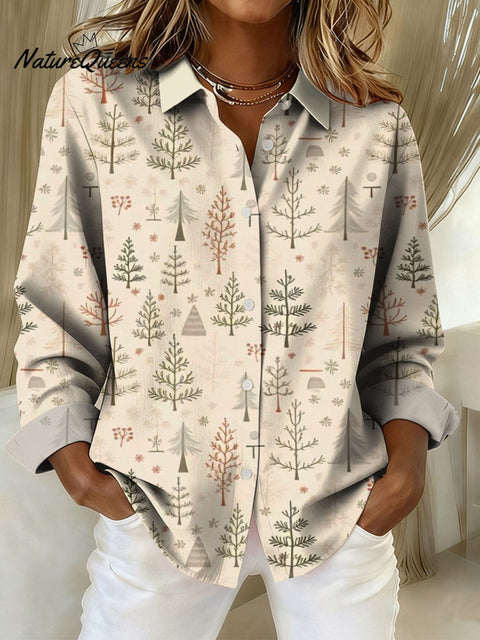 Women's Christmas Tree Art Print Casual Cotton Shirt