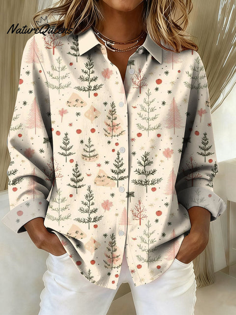Women's Christmas Tree Art Print Casual Cotton Shirt