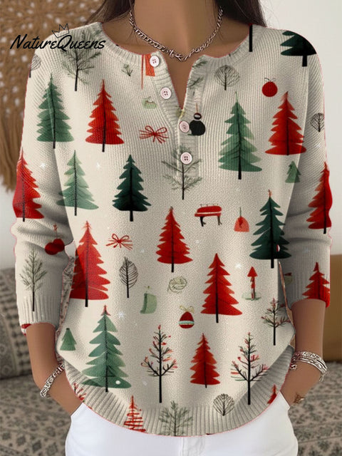 Women's Christmas Tree Art Print Buttoned Cardigan Sweater