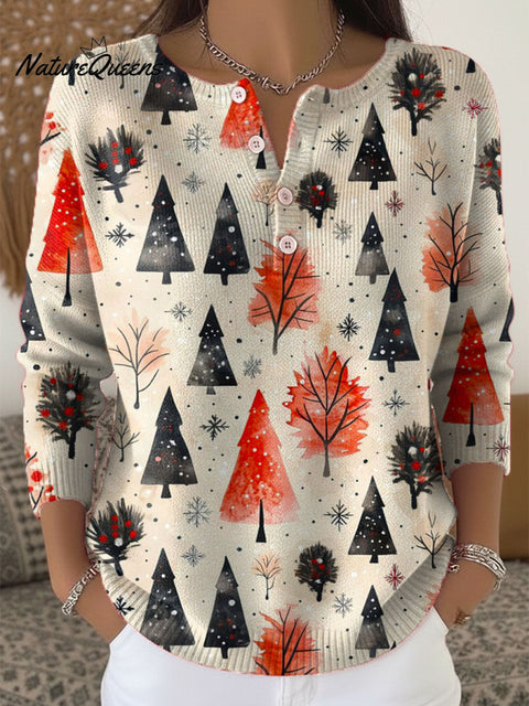 Women's Christmas Tree Art Print Buttoned Cardigan Sweater