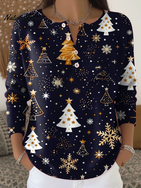 Women's Christmas Tree Art Print Buttoned Cardigan Sweater