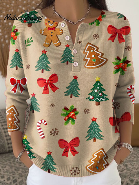 Women's Christmas Tree Art Print Buttoned Cardigan Sweater
