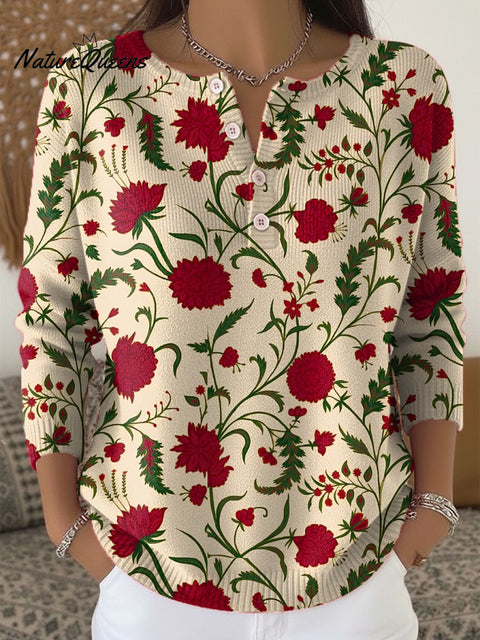 Women's Floral Art Print Buttoned Cardigan Sweater