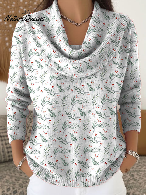 Women's Christmas Floral Art Print Cowl Neck Sweater