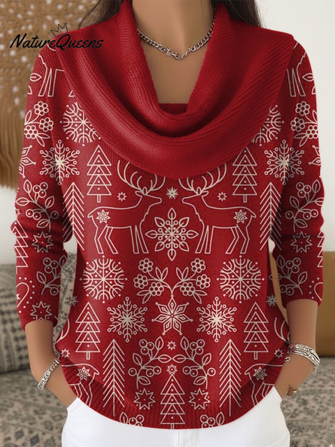 Women's Christmas Pattern Art Print Cowl Neck Sweater