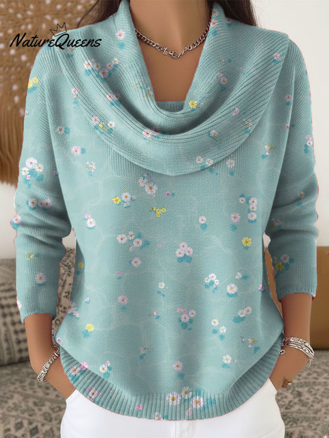 Women's Floral Art Print Cowl Neck Sweater