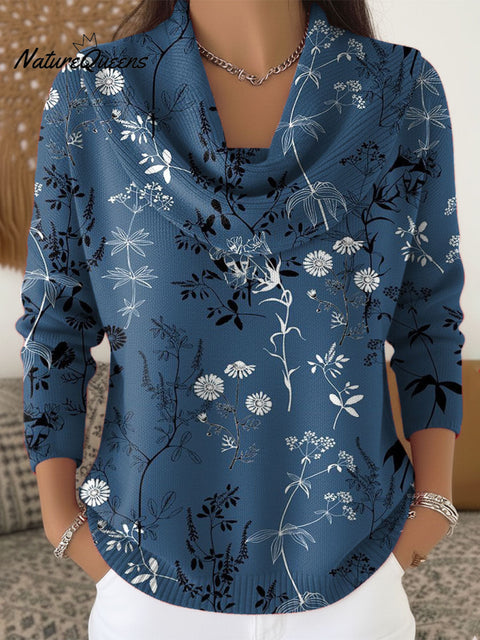 Women's Floral Art Print Cowl Neck Sweater
