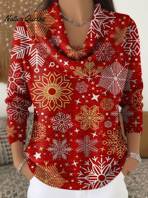 Women's Christmas Pattern Art Print Cowl Neck Sweater