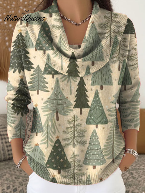 Women's Christmas Tree Art Print Cowl Neck Sweater