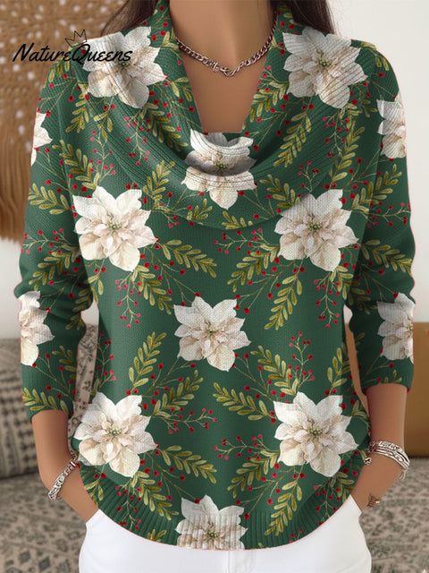 Women's Christmas Floral Art Print Cowl Neck Sweater