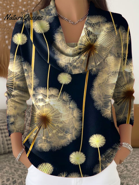 Women's Dandelion Art Print Cowl Neck Sweater