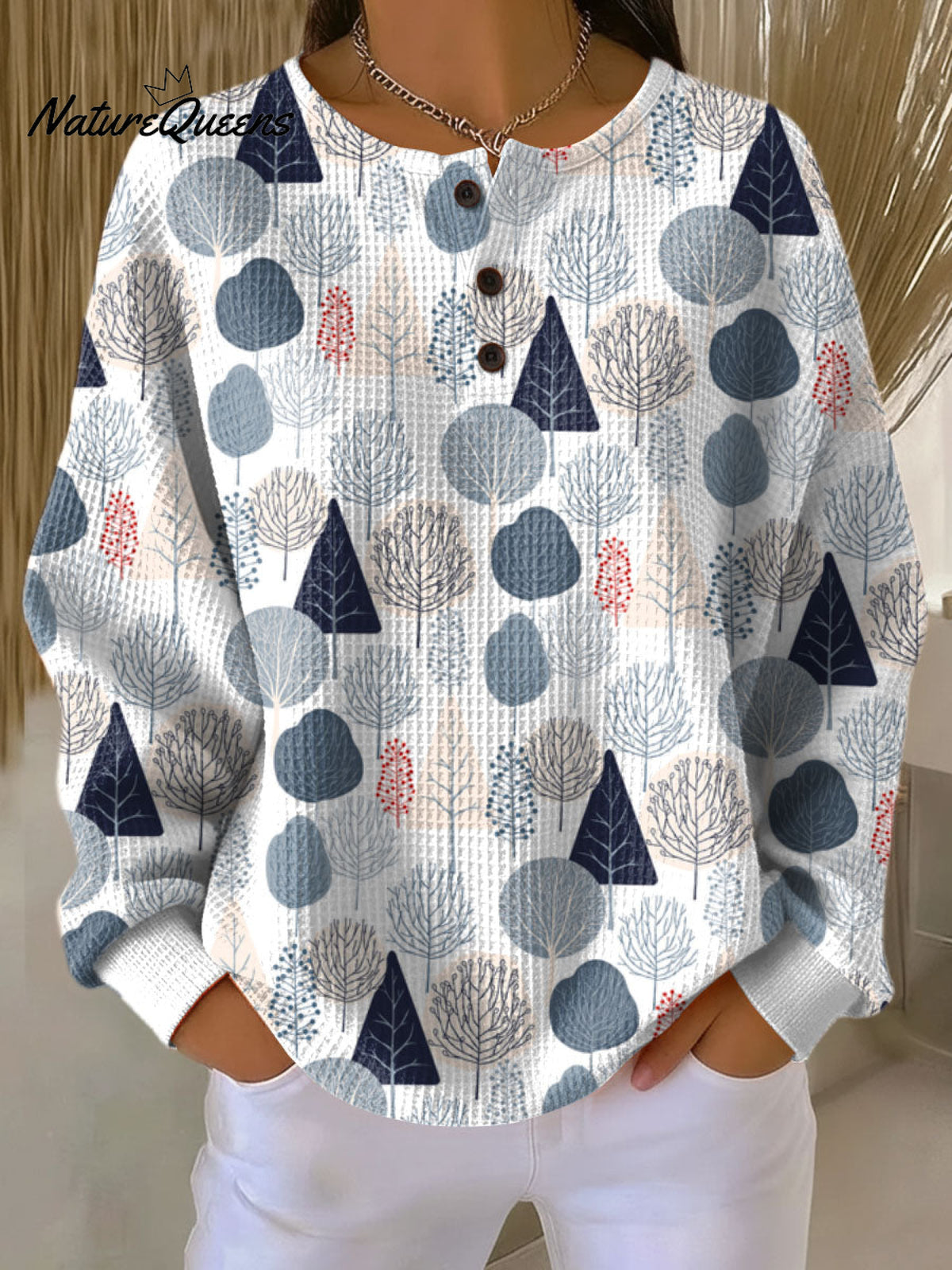 Women's Christmas Tree Art Print Casual Cotton Waffle Sweatshirt