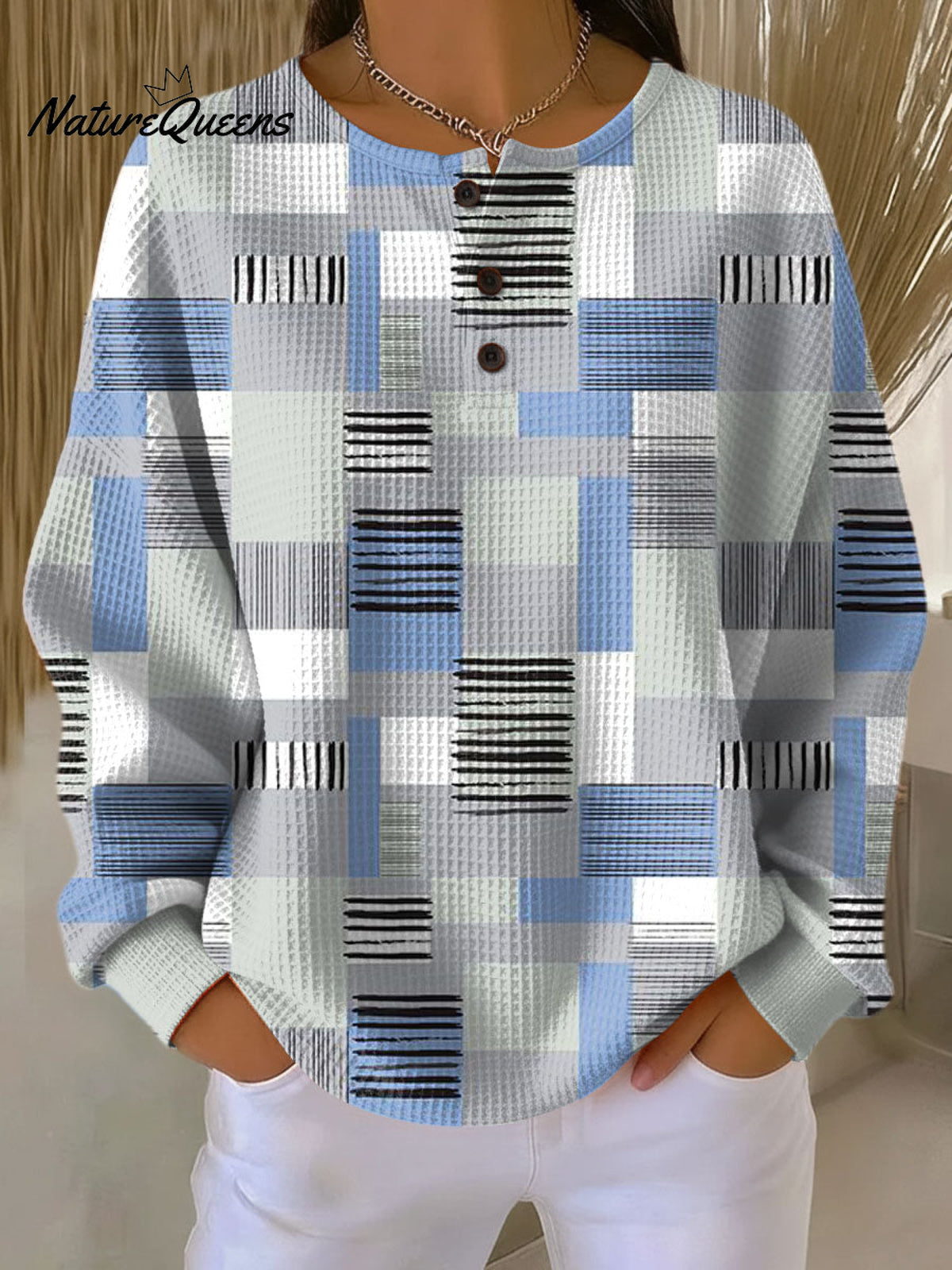 Women's Geometric Pattern Art Print Casual Cotton Waffle Sweatshirt