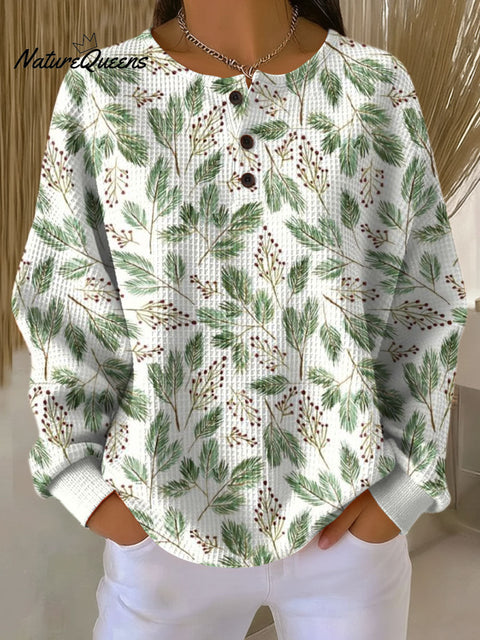 Women's Christmas Floral Art Print Casual Cotton Waffle Sweatshirt