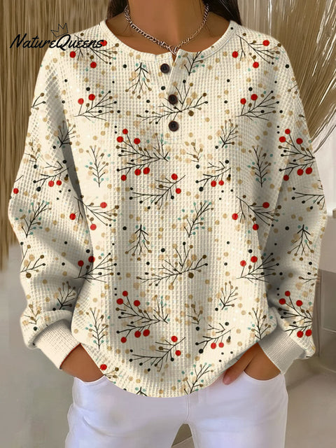 Women's Christmas Pattern Art Print Casual Cotton Waffle Sweatshirt