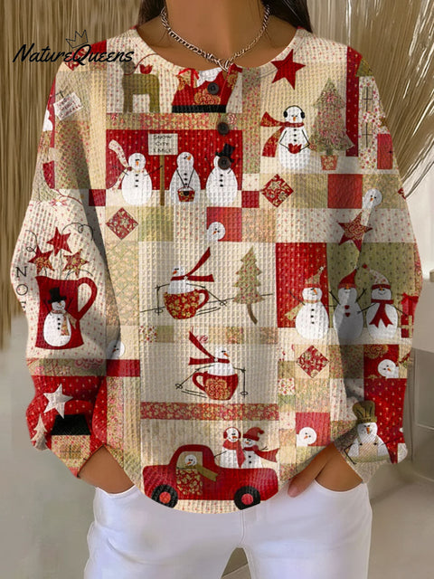 Women's Christmas Snowman Pattern Art Print Casual Cotton Waffle Sweatshirt