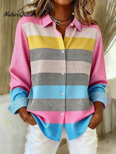 Women's Striped Pattern Art Print Casual Cotton Shirt