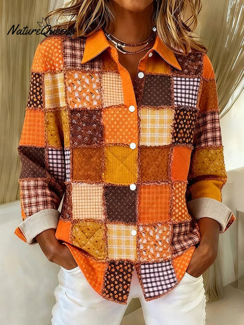 Women's Patchwork Pattern Art Print Casual Cotton Shirt