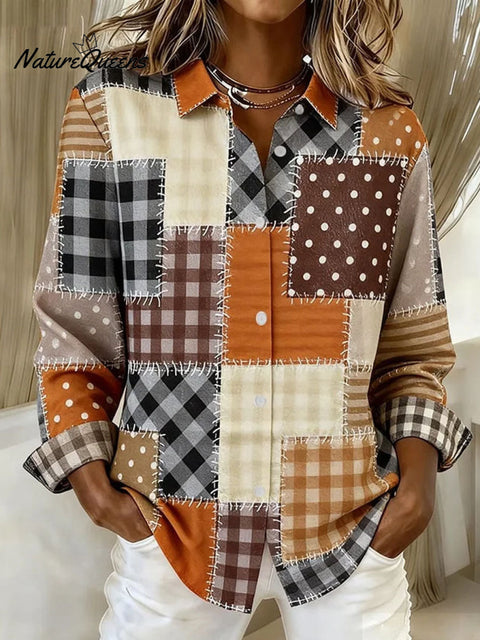 Women's Patchwork Pattern Art Print Casual Cotton Shirt