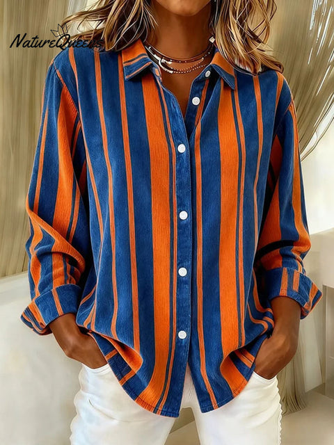 Women's Striped Pattern Art Print Casual Cotton Shirt