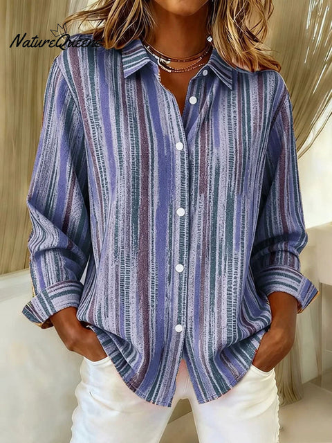 Women's Striped Pattern Art Print Casual Cotton Shirt
