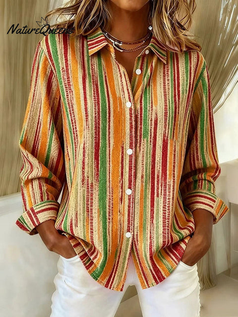 Women's Striped Pattern Art Print Casual Cotton Shirt