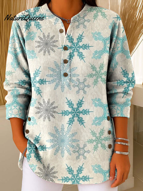 Women's Christmas Snowflake Art Print Casual Cotton Corduroy Sweatshirt
