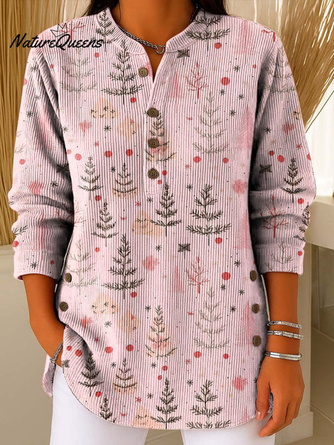 Women's Christmas Tree Art Print Casual Cotton Corduroy Sweatshirt