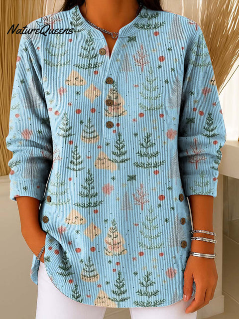 Women's Christmas Tree Art Print Casual Cotton Corduroy Sweatshirt