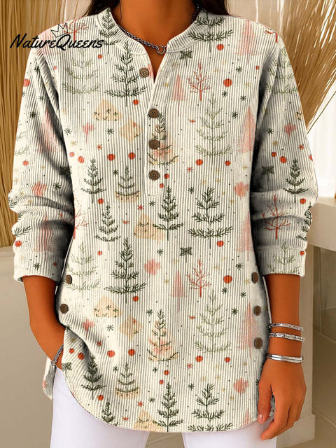 Women's Christmas Tree Art Print Casual Cotton Corduroy Sweatshirt