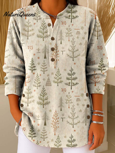 Women's Christmas Tree Art Print Casual Cotton Corduroy Sweatshirt