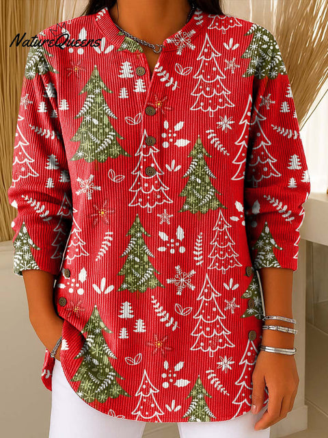 Women's Christmas Tree Art Print Casual Cotton Corduroy Sweatshirt