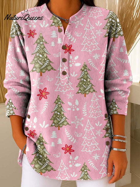 Women's Christmas Tree Art Print Casual Cotton Corduroy Sweatshirt