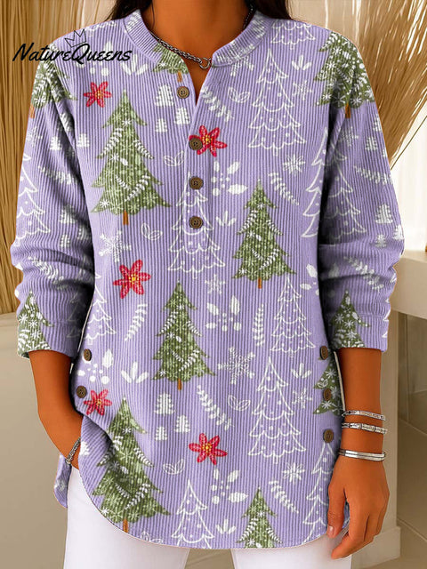 Women's Christmas Tree Art Print Casual Cotton Corduroy Sweatshirt