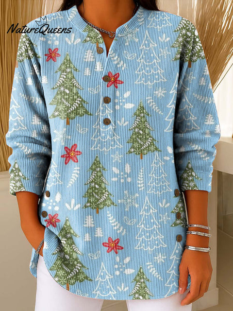 Women's Christmas Tree Art Print Casual Cotton Corduroy Sweatshirt