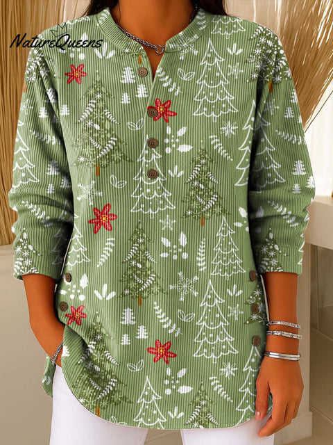 Women's Christmas Tree Art Print Casual Cotton Corduroy Sweatshirt