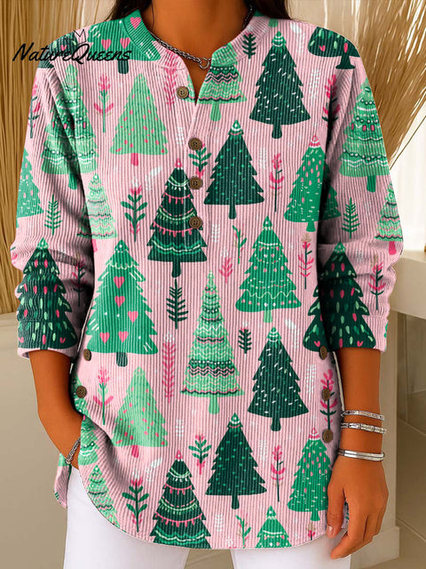Women's Christmas Tree Art Print Casual Cotton Corduroy Sweatshirt