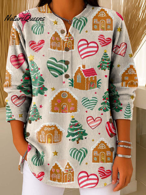 Women's Christmas Pattern Art Print Casual Cotton Corduroy Sweatshirt