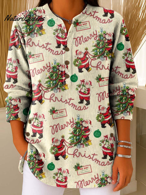 Women's Christmas Santa Pattern Art Print Casual Cotton Corduroy Sweatshirt