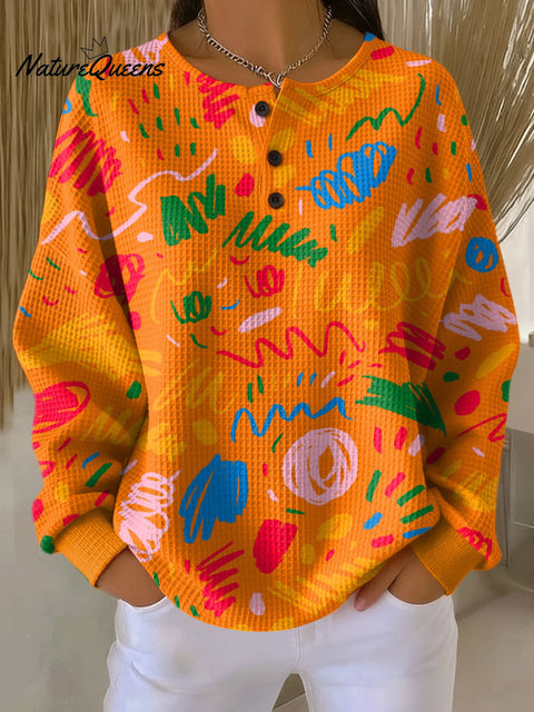 Women's Abstract Pattern Art Print Casual Cotton Waffle Sweatshirt