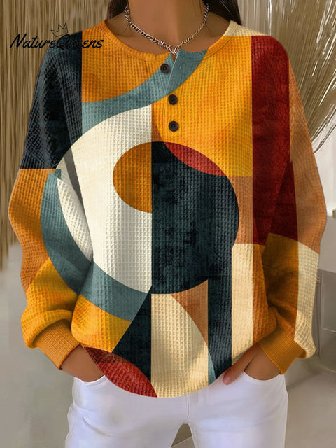 Women's Geometric Pattern Art Print Casual Cotton Waffle Sweatshirt