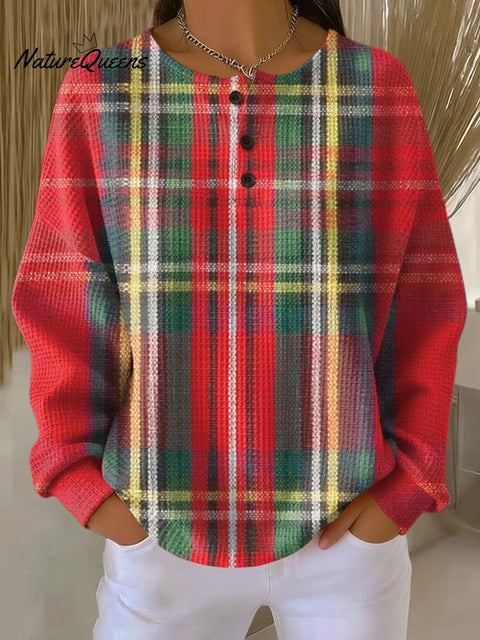 Women's Plaid Pattern Art Print Casual Cotton Waffle Sweatshirt